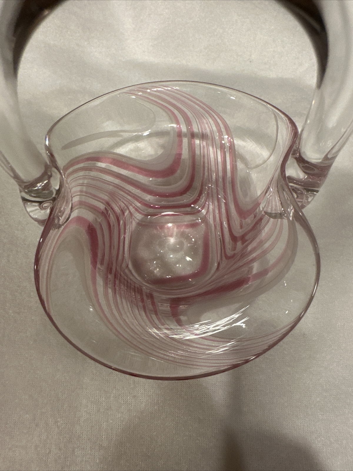 Vintage Hand blown Clear, Pink&White Swirl Art Glass Basket 6”
