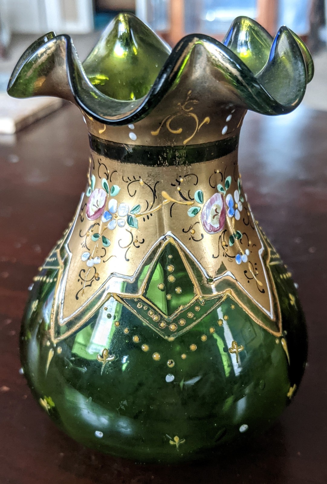 Bohemian Moser Green Glass Hand Painted Gold Gilt Enamel Floral Vase c1930