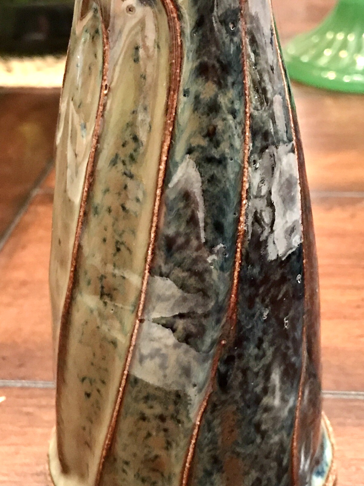 Studio Art Pottery Bud Vase Navy Blue Green Red Earthtones Ribbing Handle 7″