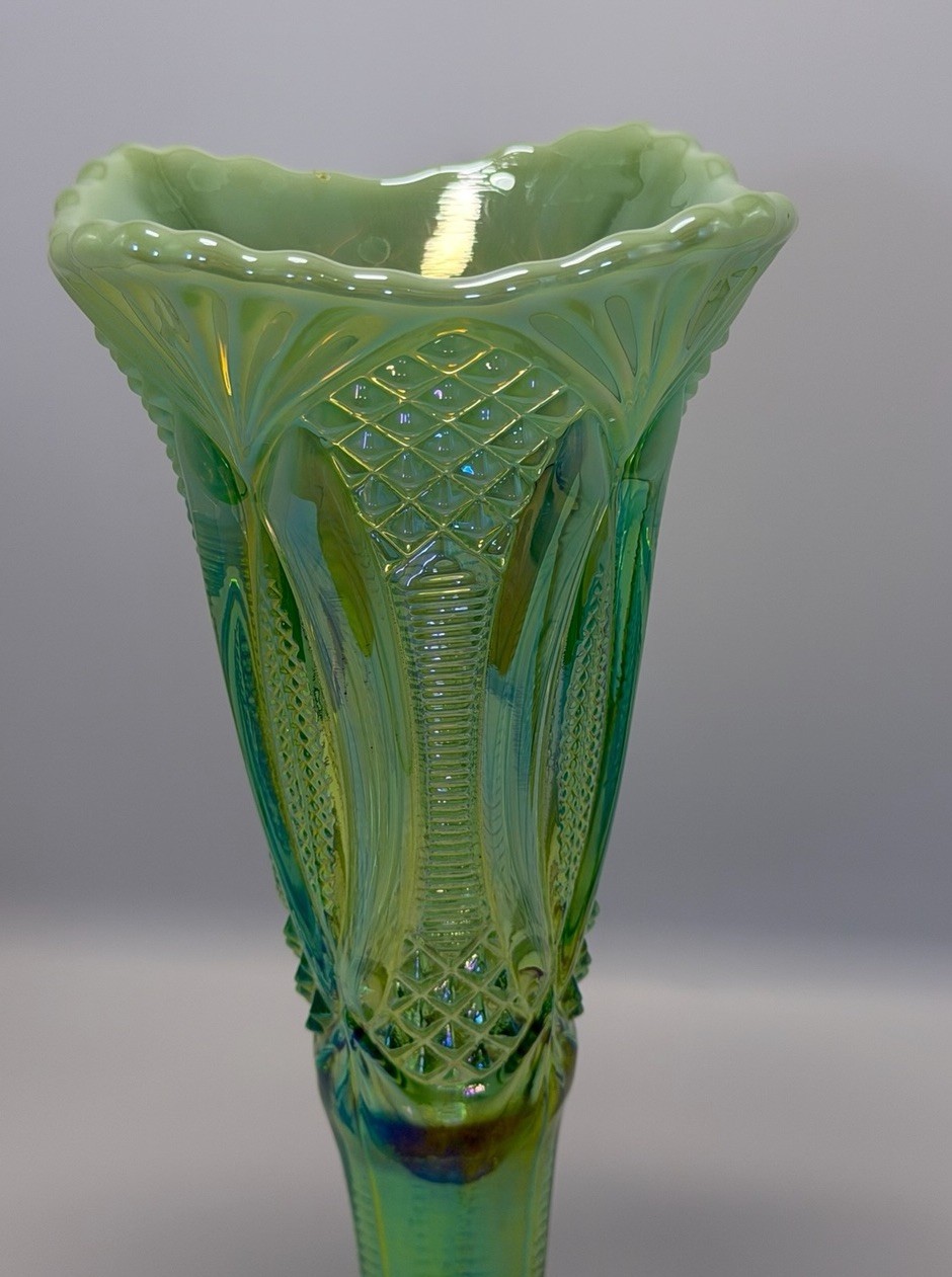 Vintage Jack in the Pulpit Green Iridescent Vase Carnival Glass 10”