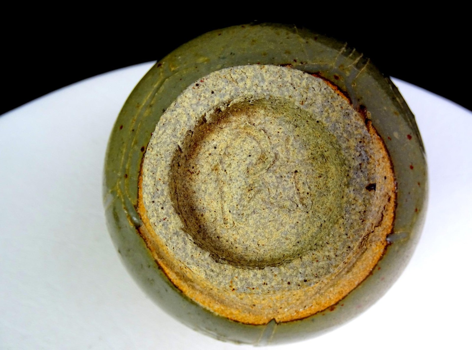 Studio Art Pottery Pat Signed Sgrafitto Carved Green Slip Glaze 3 3/8″ Vase