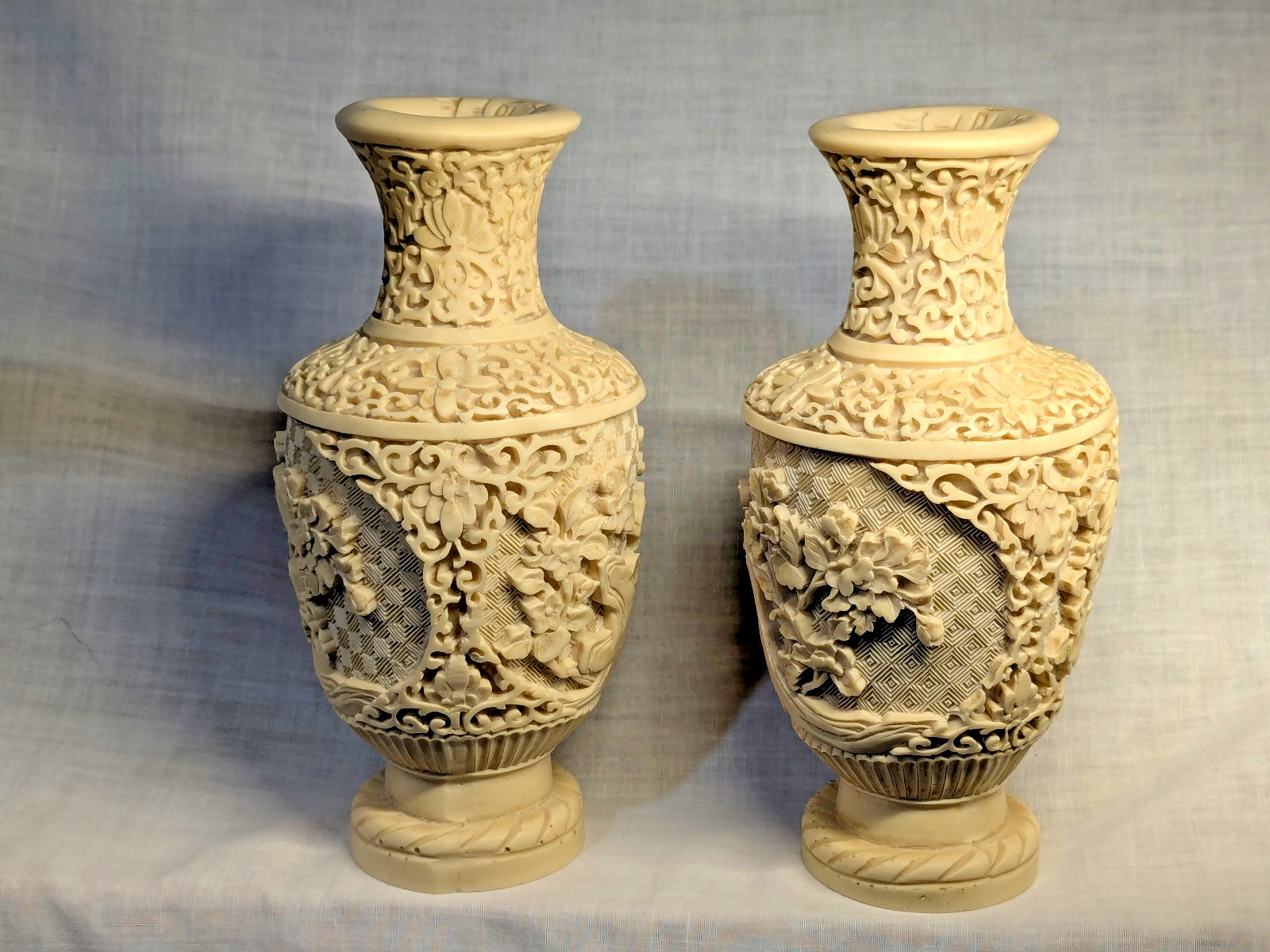 Vintage Norleans Faux Ivory Hand Carved Vase SET Made In Italy 1960’s Floral