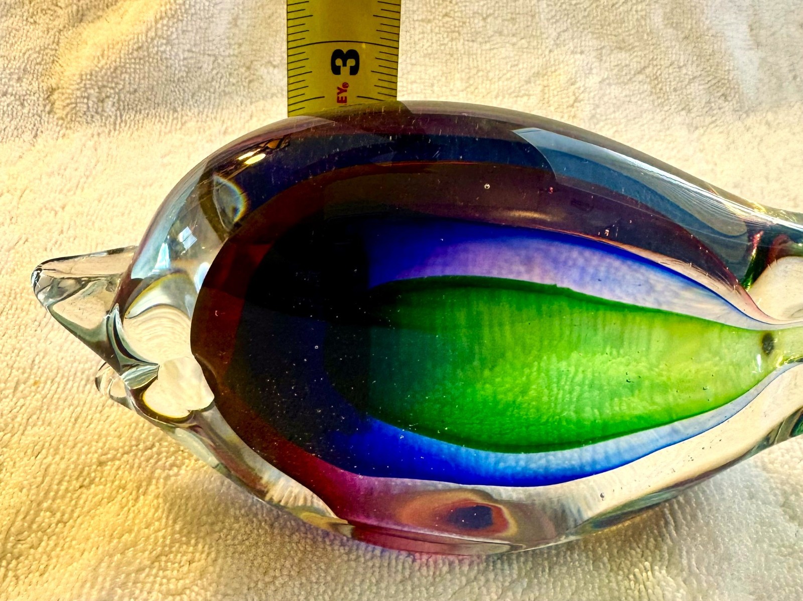 Vintage Hand Blown Sommerso Glass Murano Style Fish, Red Blue Green, 7.5″ x 3.5″