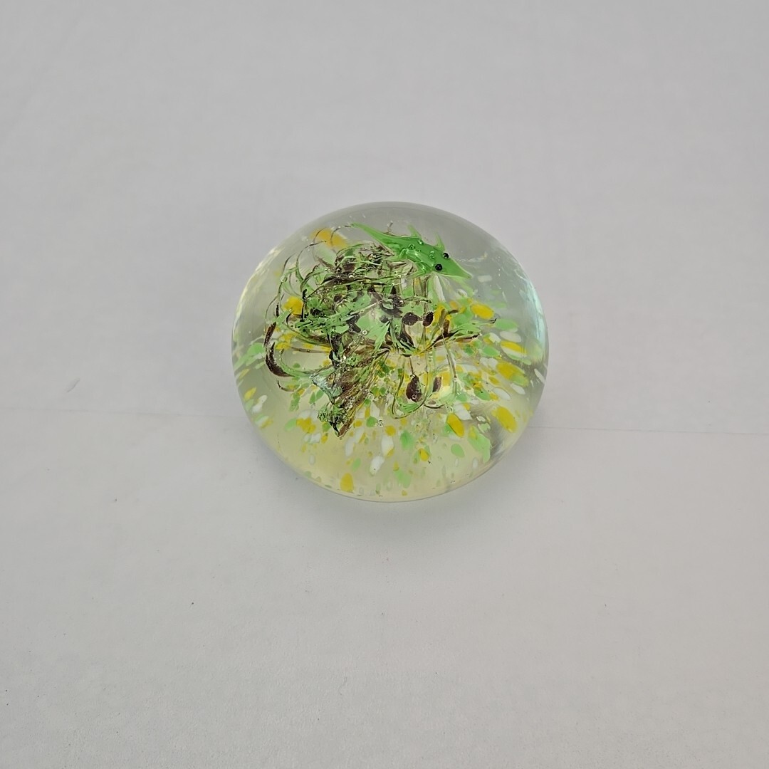 Vtg Art Glass Paper Weight With Green Shrimp Yellow, White & Green Brown Swirl
