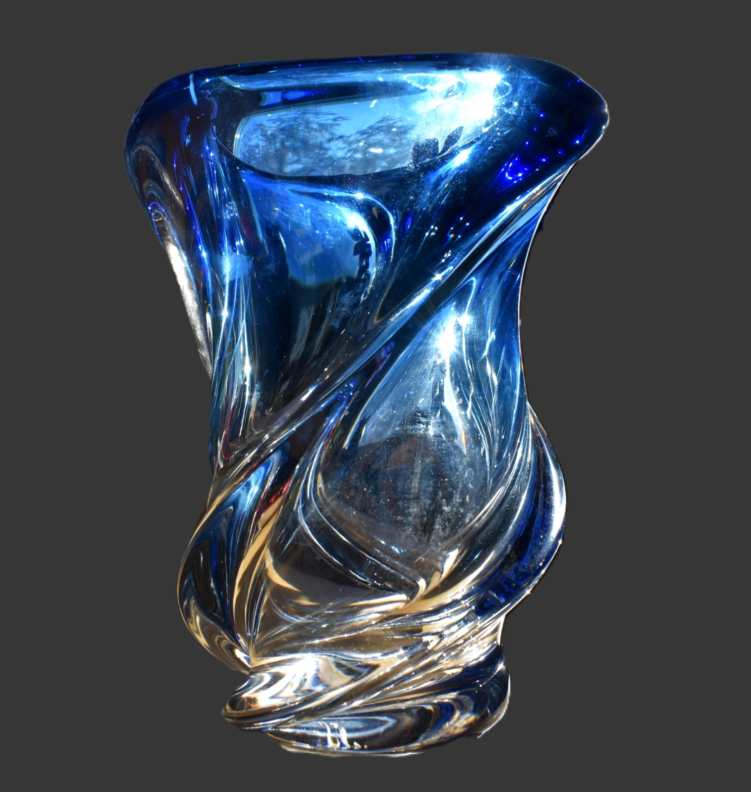 Val St. Lambert Signed Blue Art Glass Vase Twisted Rene Delvenne Crystal 1950s