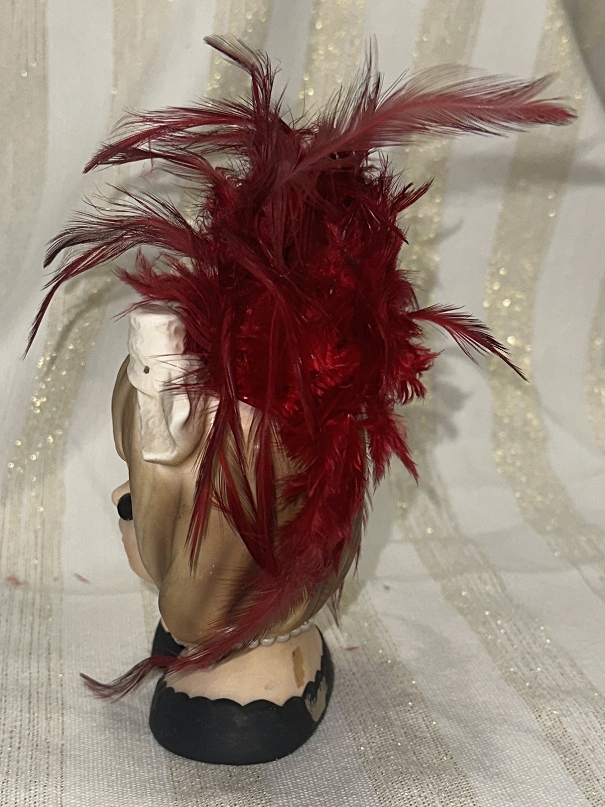 Adorable Vintage Lady Head Vase Inarco E2805 Polka Dot Bow Hand to Face