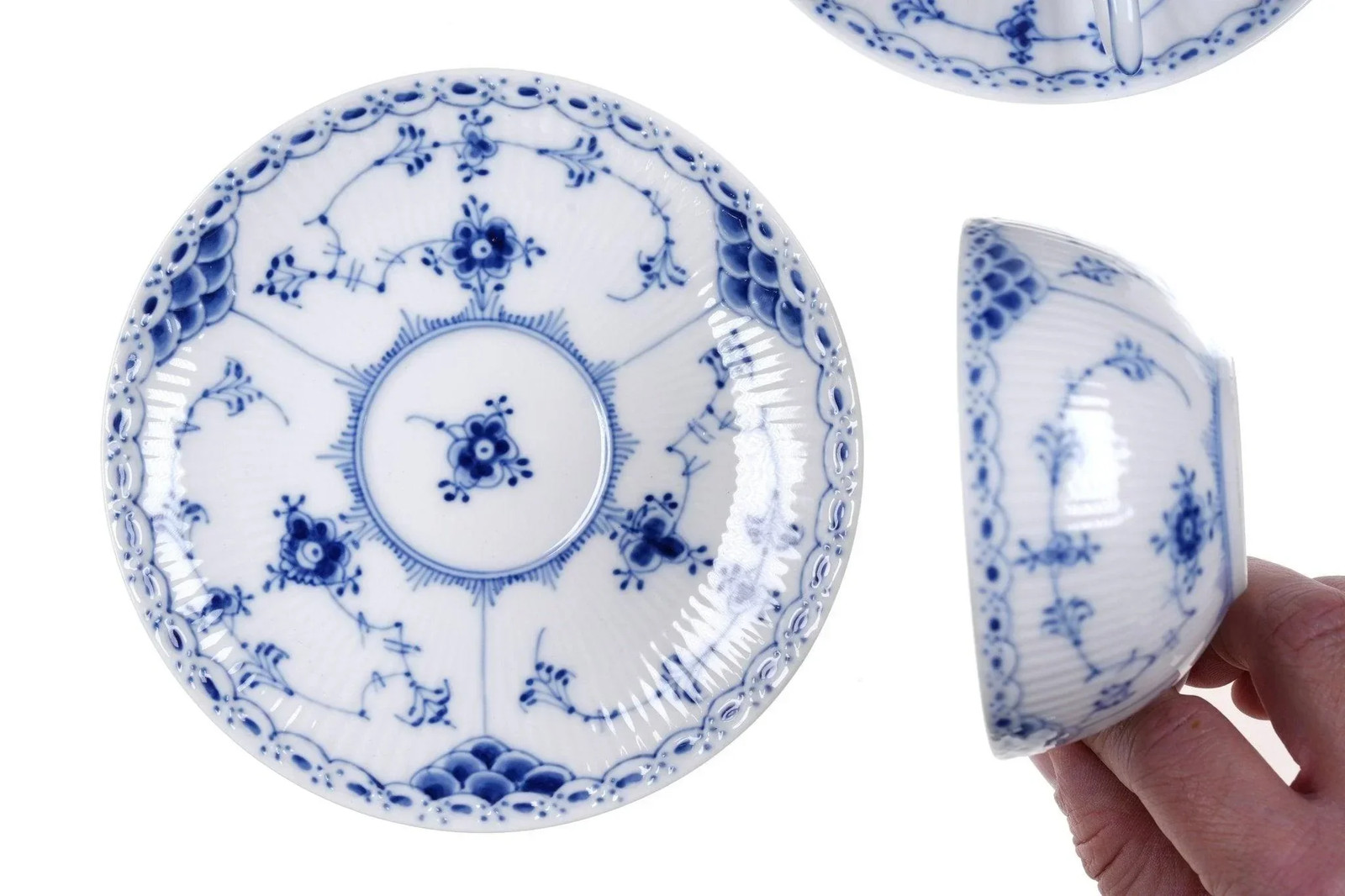 2 Royal Copenhagen Blue Fluted Half lace 7oz Teacups and Saucers