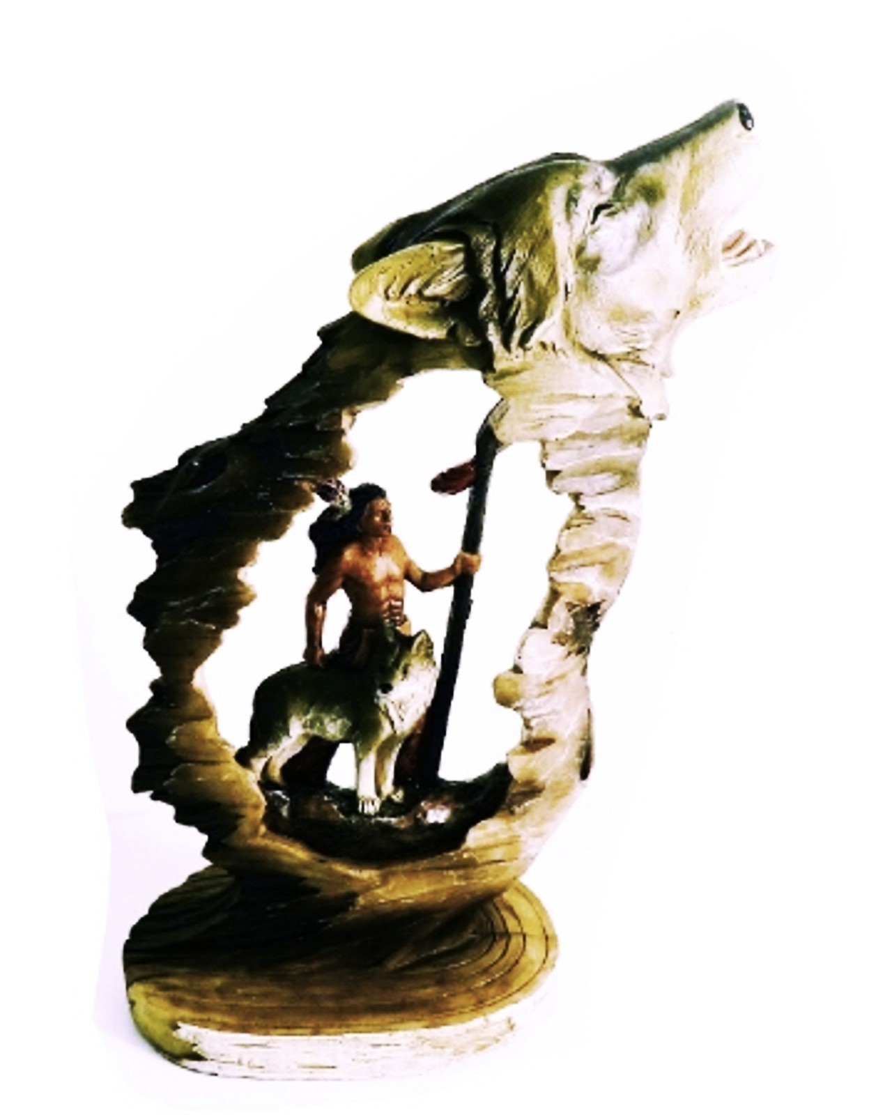 NATIVE AMERICAN Indian & WOLF Sculpture Carving Figurine Animal Wildlife Wolf 8″