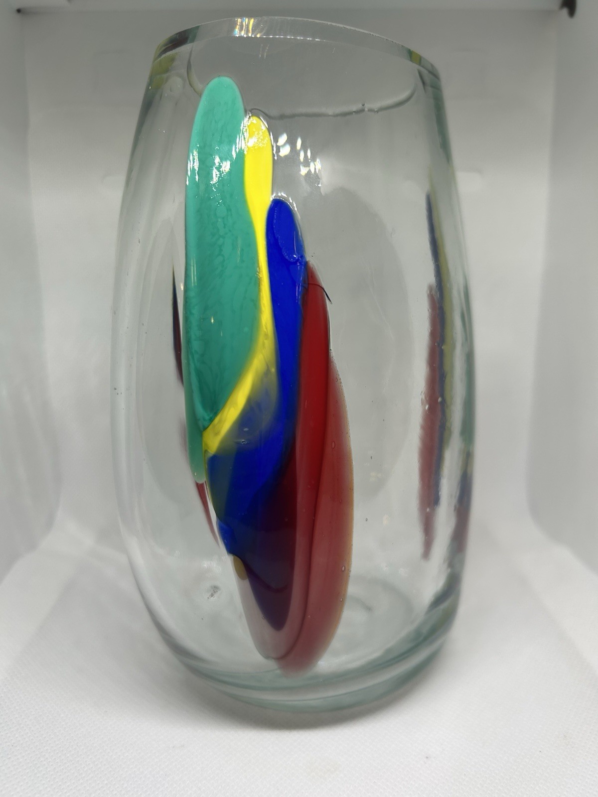 Hand Blown Art Glass Vase Colorful Ribbon Swirl Abstract Heavy Polished Pontil
