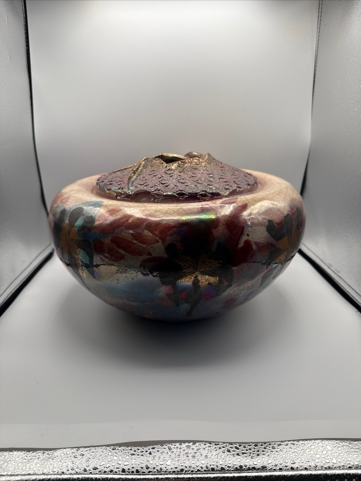 Large 12″ Signed Raku Art Pottery Squat Vase Metallic Pinwheel Aperture Rim
