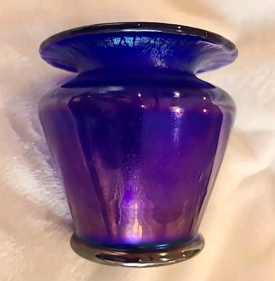 VIntage Vase Iridescent Cobalt Blue / Purple Flaired Rim Thick Art Pastel Glass