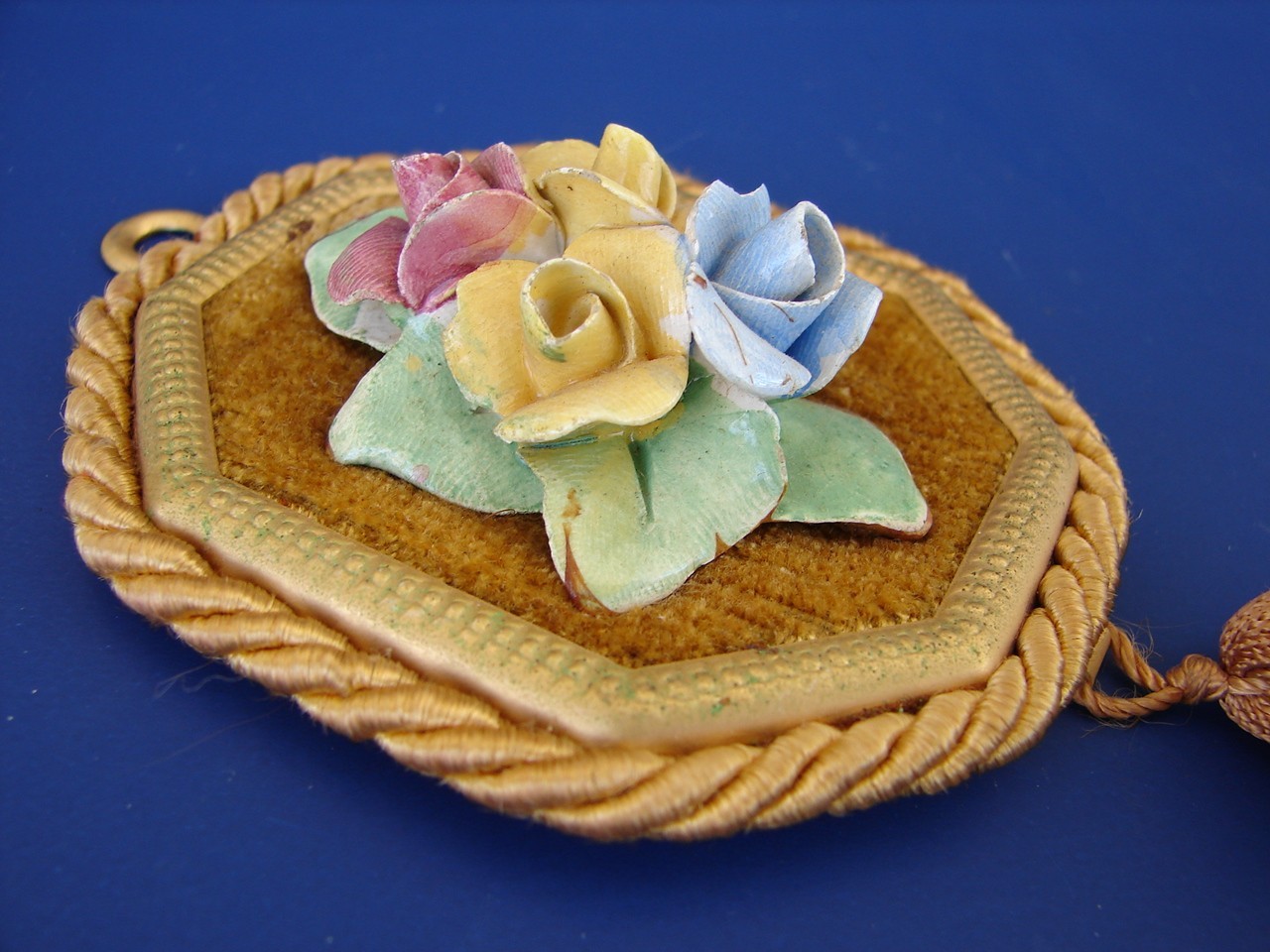 2 Vintage Capodimonte Porcelain Flowers On Brown Velvet Wall Art Italy