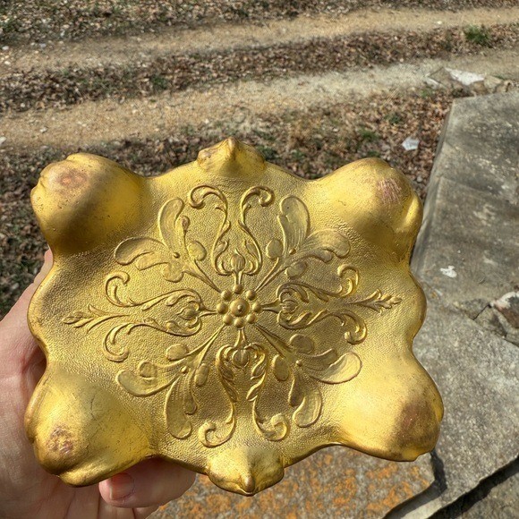 Antique Art Nouveau Gold Floral Metal Trinket Jewelry Box Footed Fabric Lined