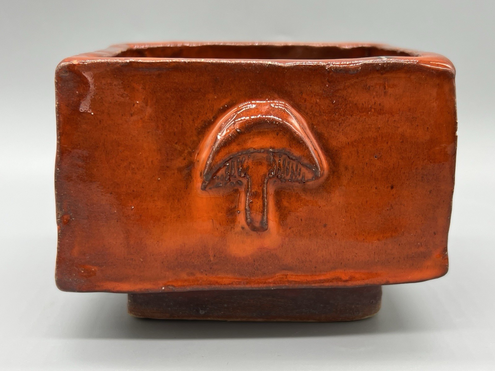 VTG Orange Glazed Red Ware Pottery Mushroom Footed Planter Bowl