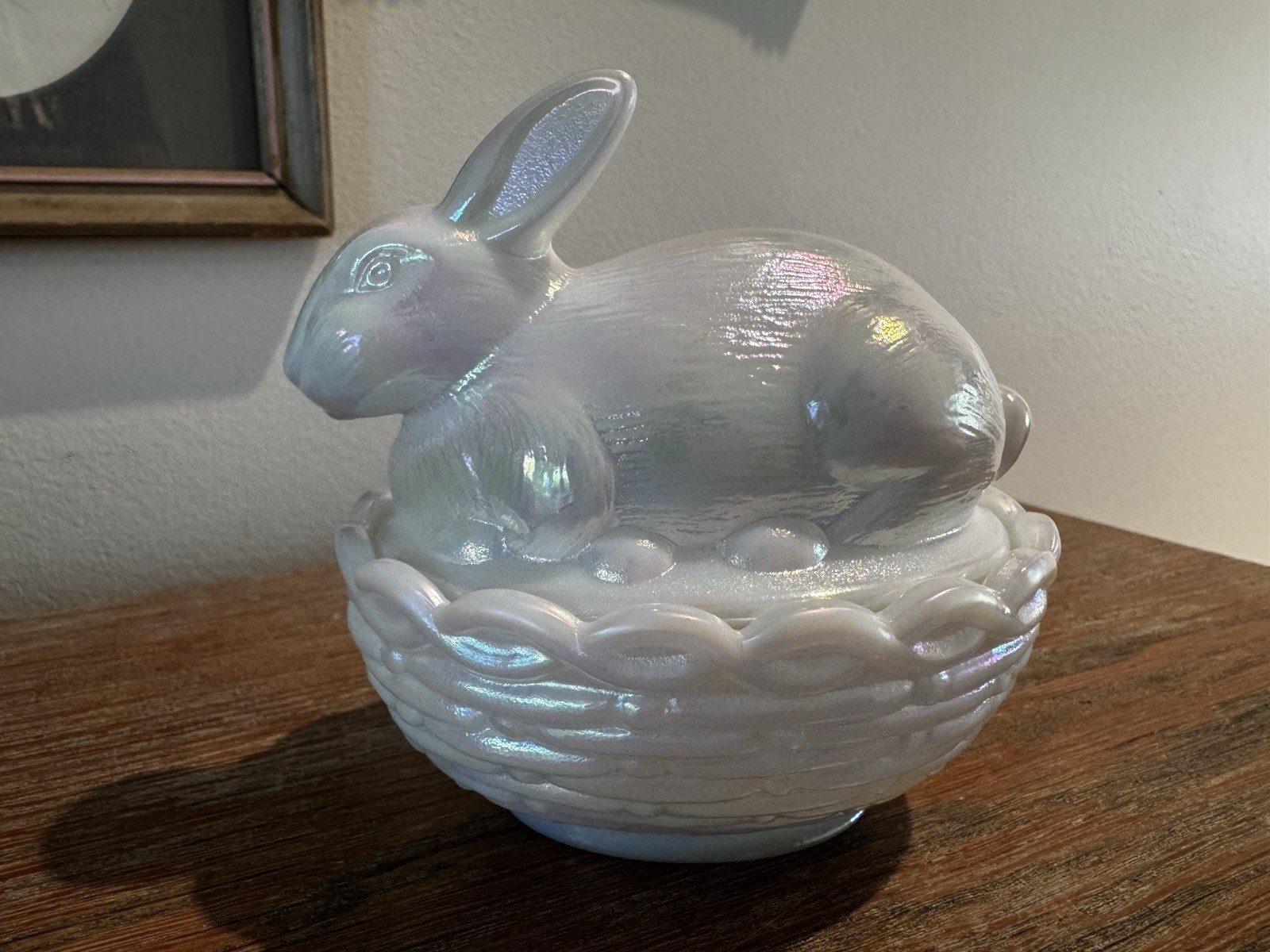 Mosser Bunny On Nest Milk Carnival Glass Covered Candy