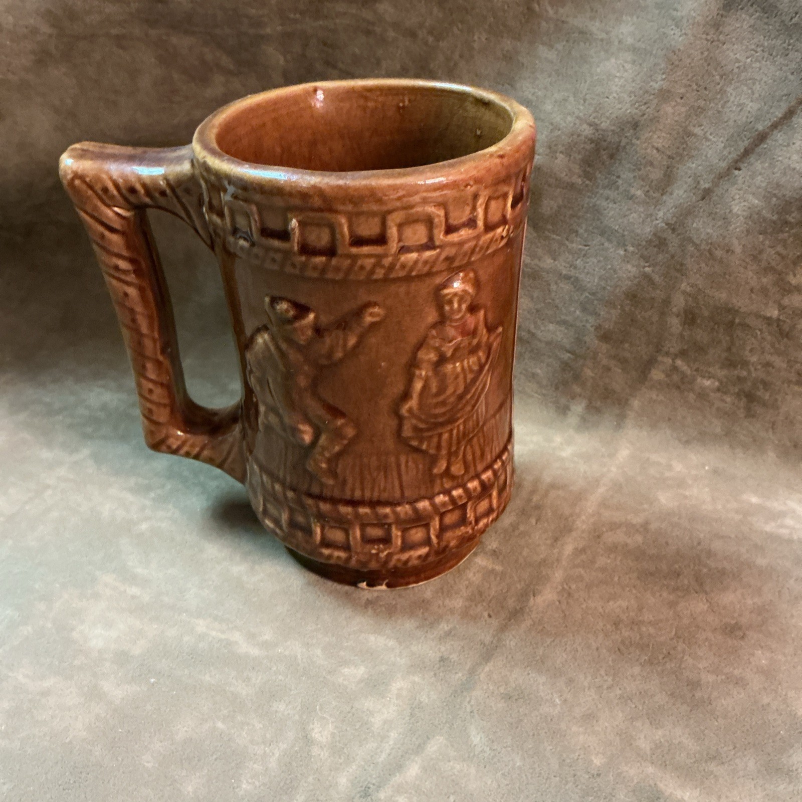 1920s art pottery stoneware Stein Tavern scene man woman dancing brown glaze