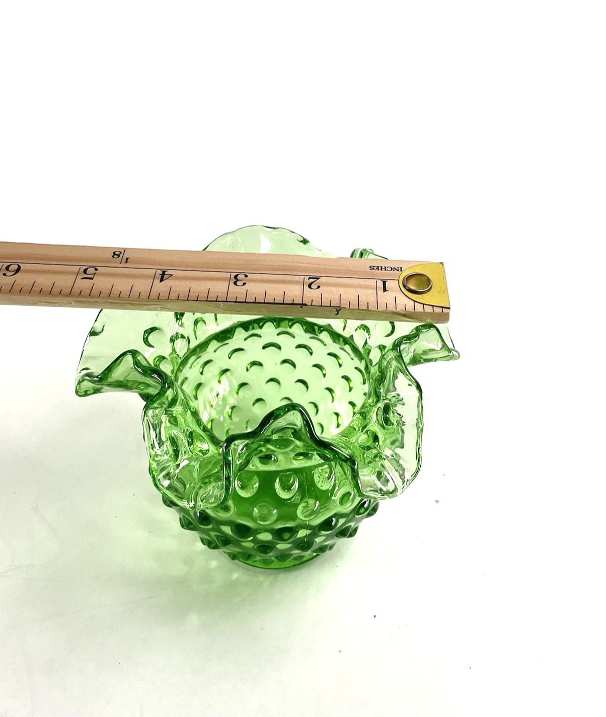 VTG Fenton Glass Vase Spring Time Green Hobnail RoseBowl Ruffled Edge 4” MARKED
