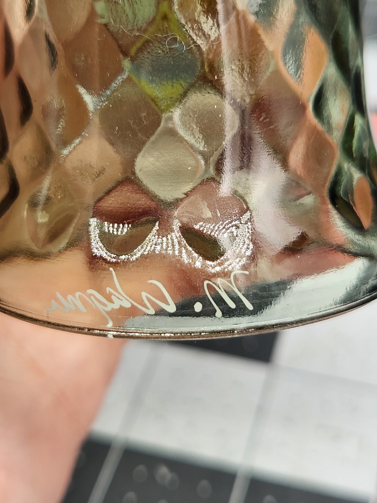 Fenton green Diamond Point Optic Glass Signed Marilyn Wagner- Mother Bell