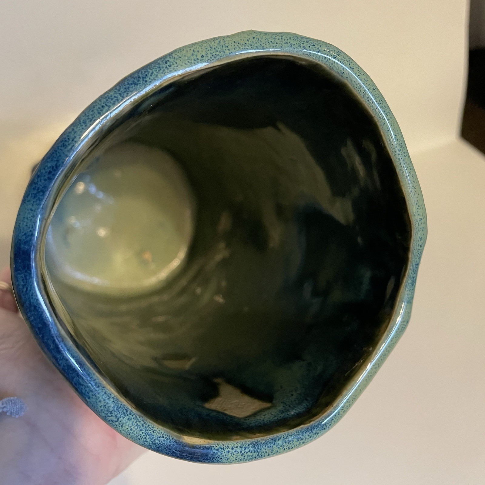 Handmade Drip Glaze Vase Blue Green Artist Signed Floral Leaf Impression 8.75”