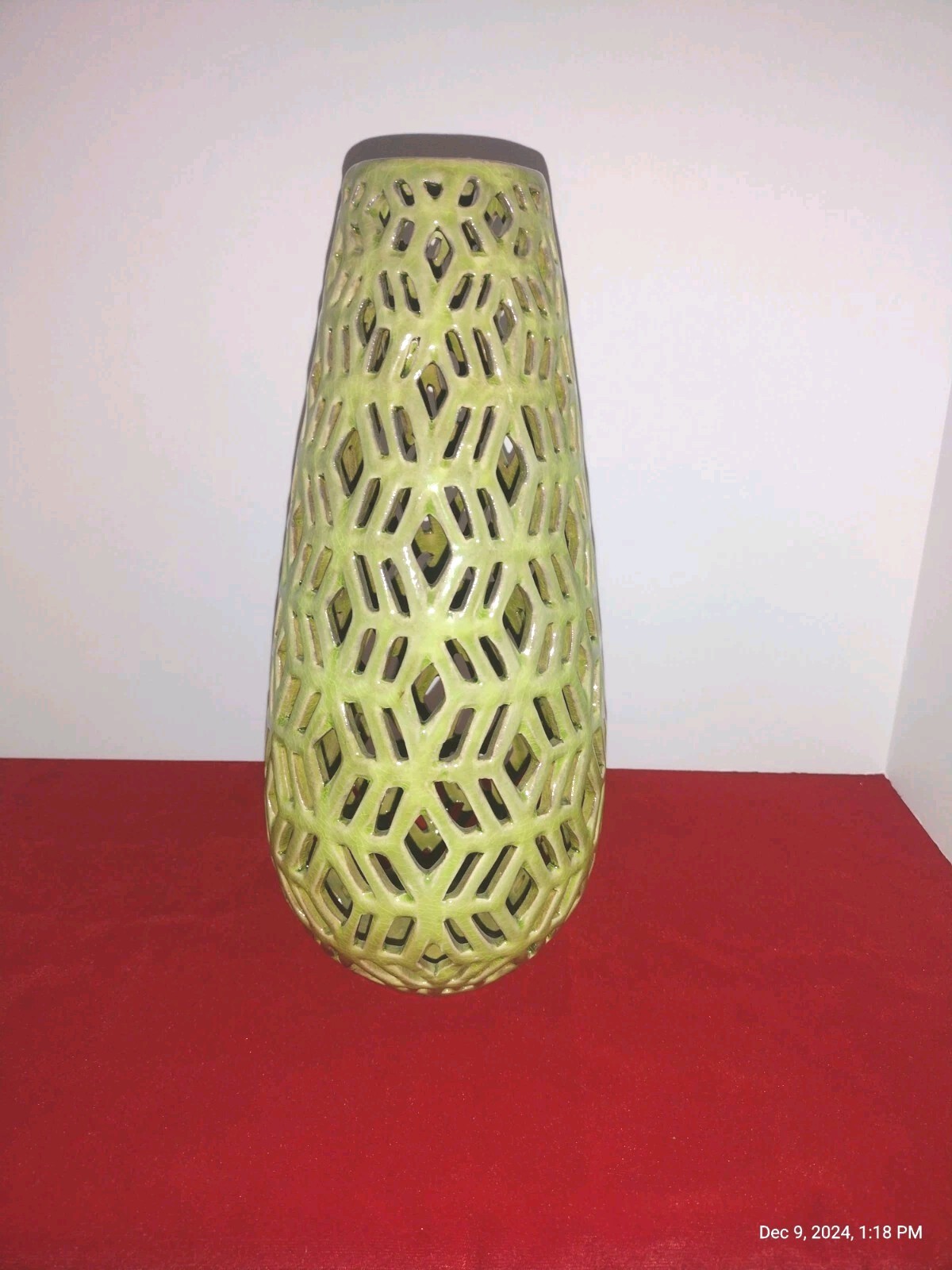 Large Green Pottery Vase Cutwork 12 1/2″