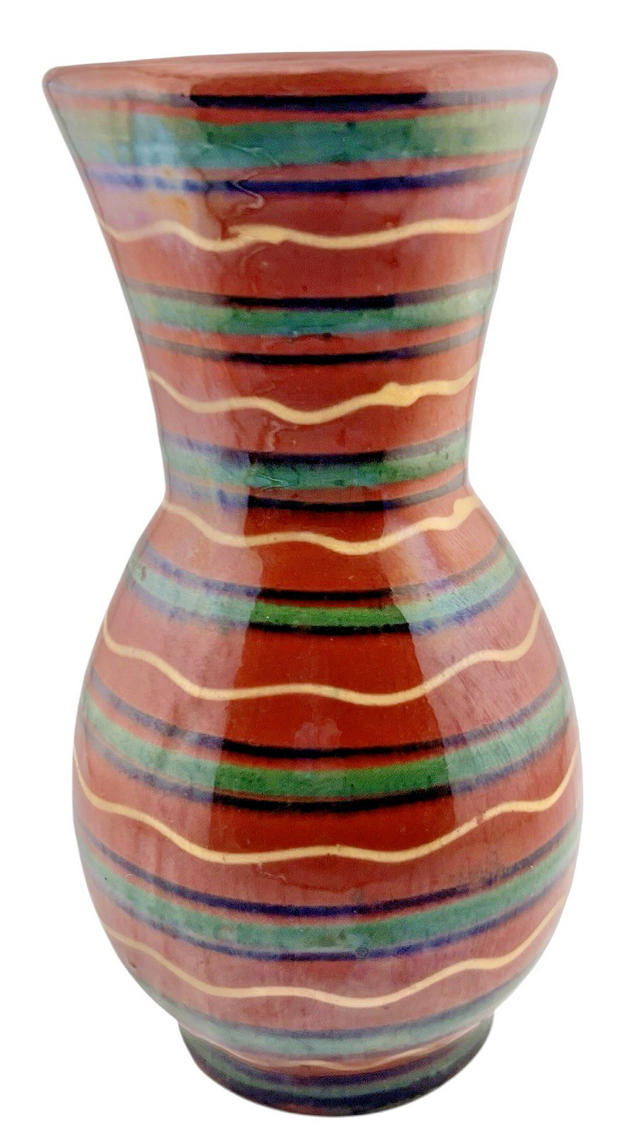 Handmade Redware Art Pottery Vase Green Blue Yellow Stripes 7″ x 3”