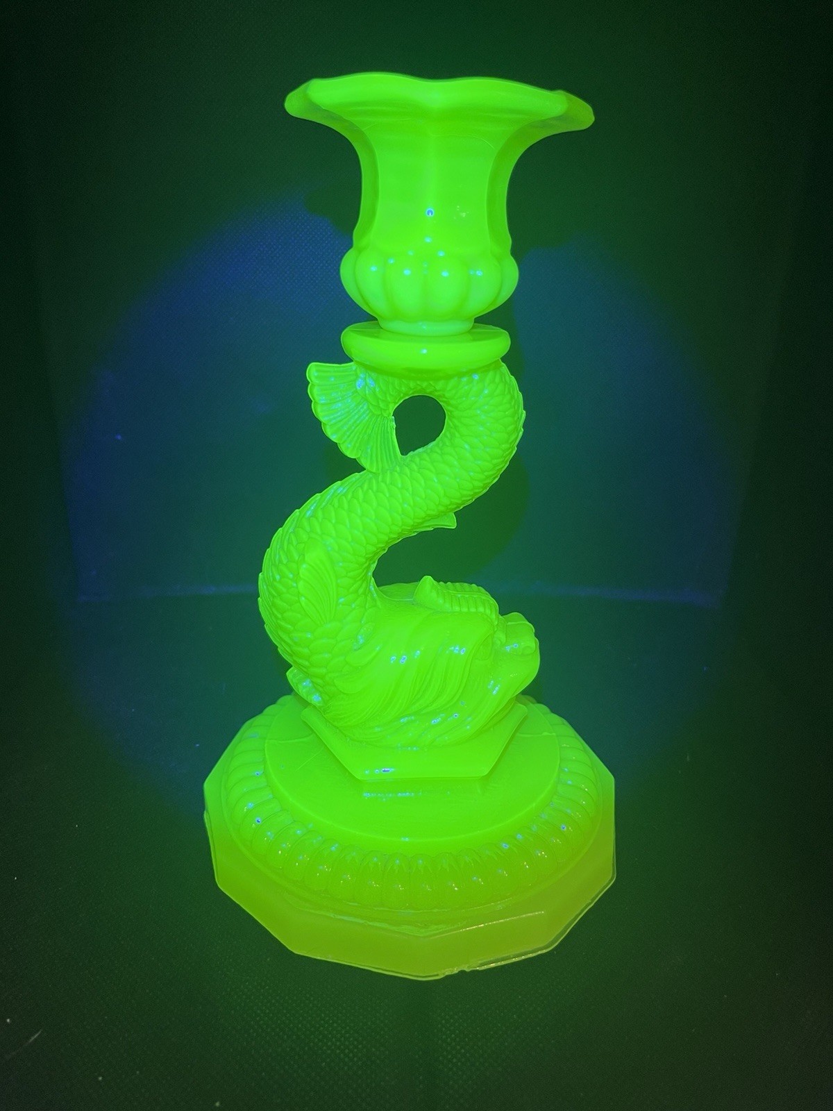 EAPG Rare Vntg Portieux Vallerysthal Canary Vaseline Glass Dolphin Candlestick