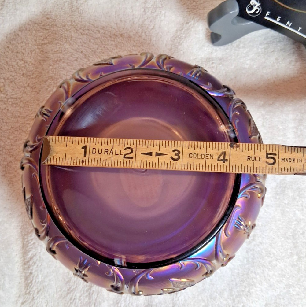 VTG. FENTON PLUM/LAVENDER IRIDESCENT WILD ROSE & BOW KNOT RUFFLED CANDLE BOWL