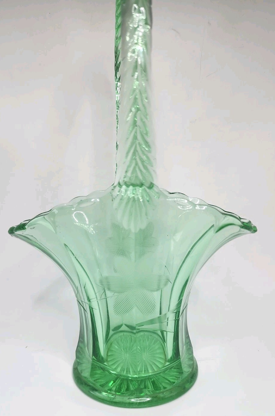 Vintage Green Depression Glass Basket Vase Etched Flower Design 9.5″