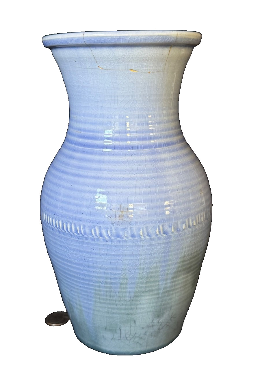MOORCROFT NATURAL LUSTRE LIGHT BLUE RIBBED VASE ART POTTERY 10.5 In c1930 As Is