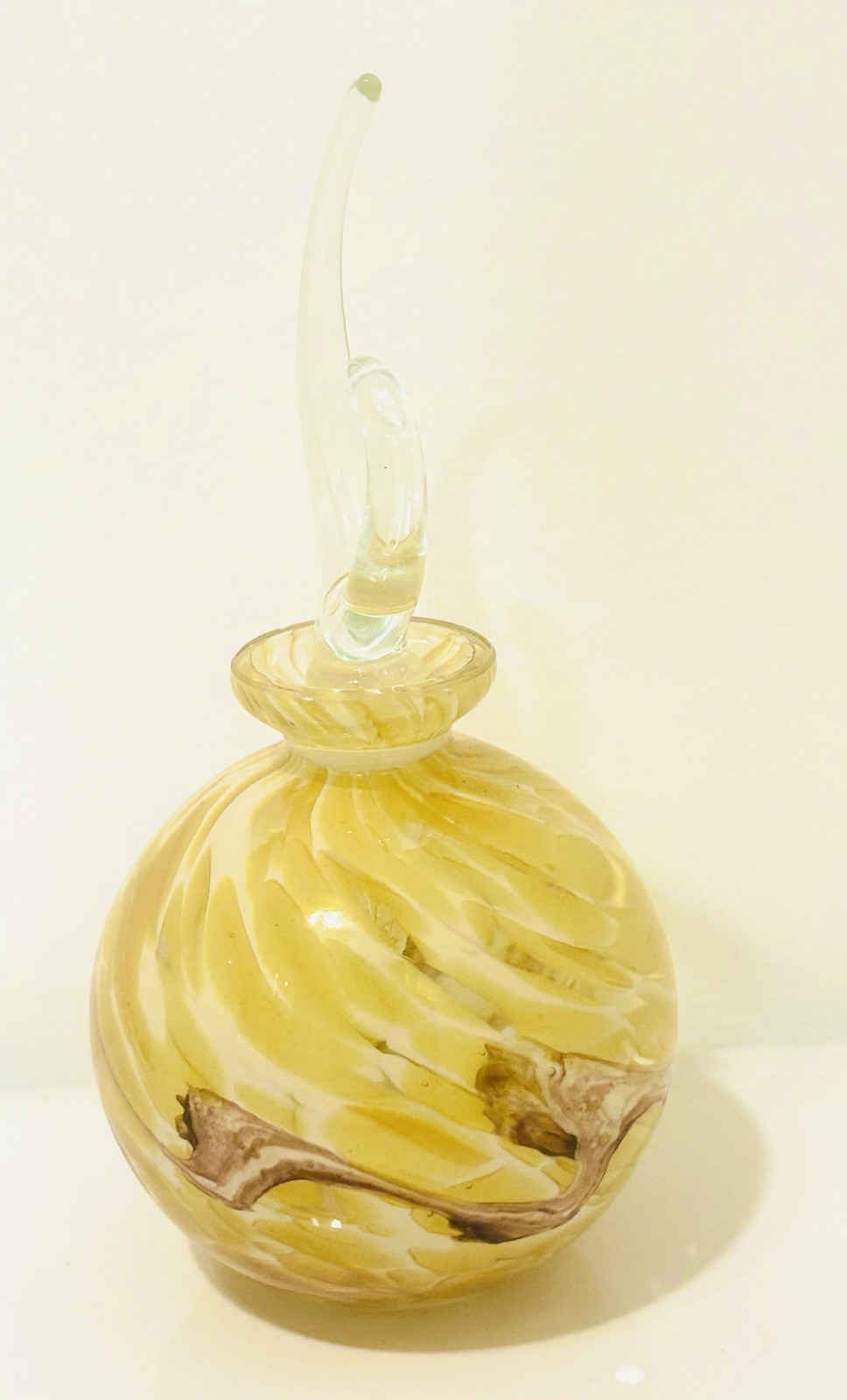 Vintage Art Glass Perfume Bottle Yellow White Gold Swirl Clear Stopper