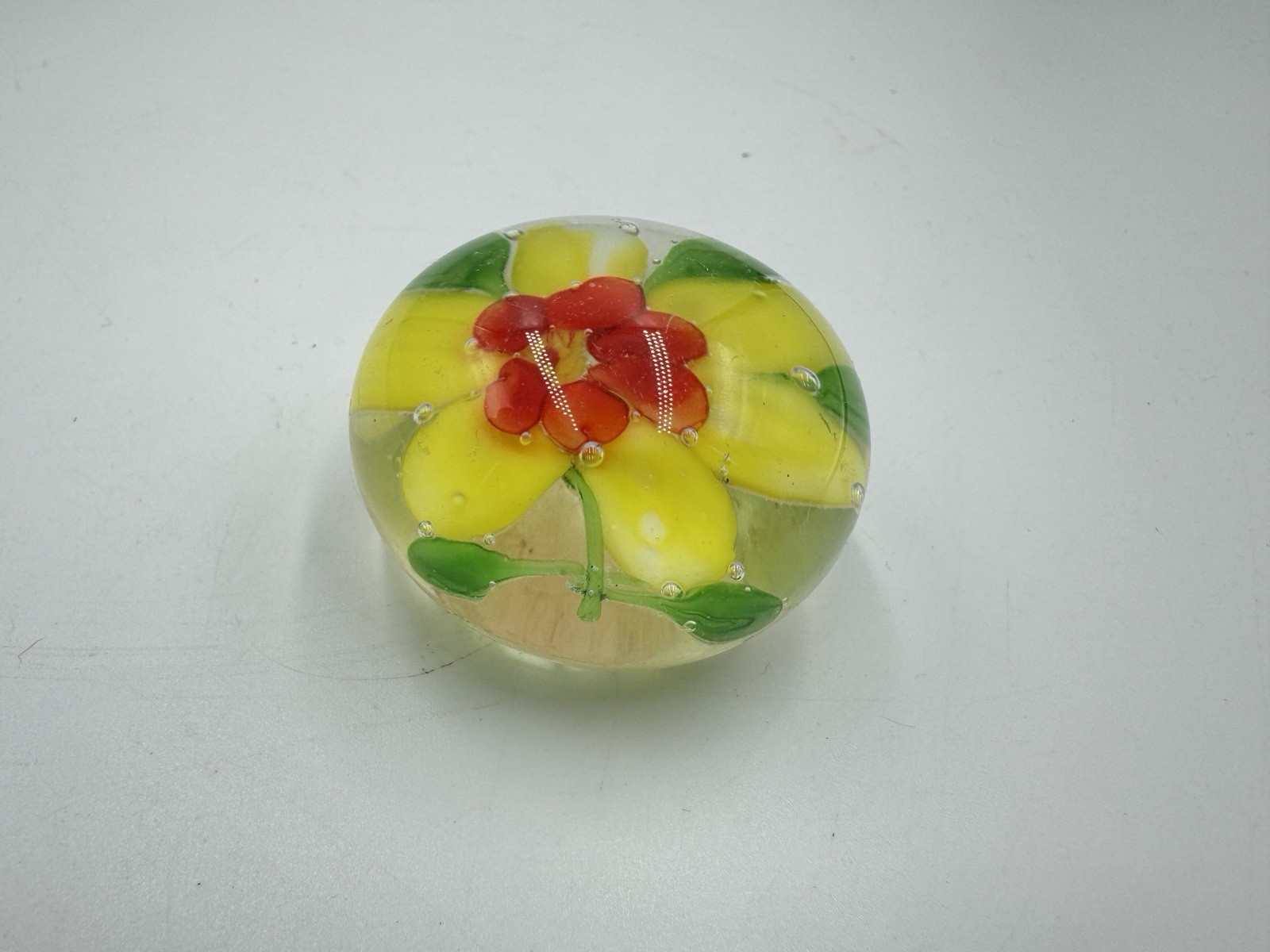 Vintage Orange Yellow Green Flower In Glass Paperweight Art Glass Decorative