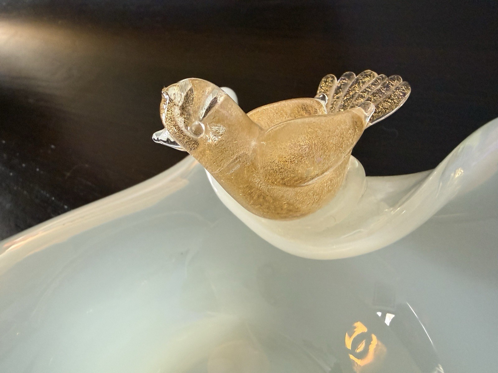 Mid 20th Century Murano Attributed Opalescent Glass Bowl Perchin Gold Fleck Bird