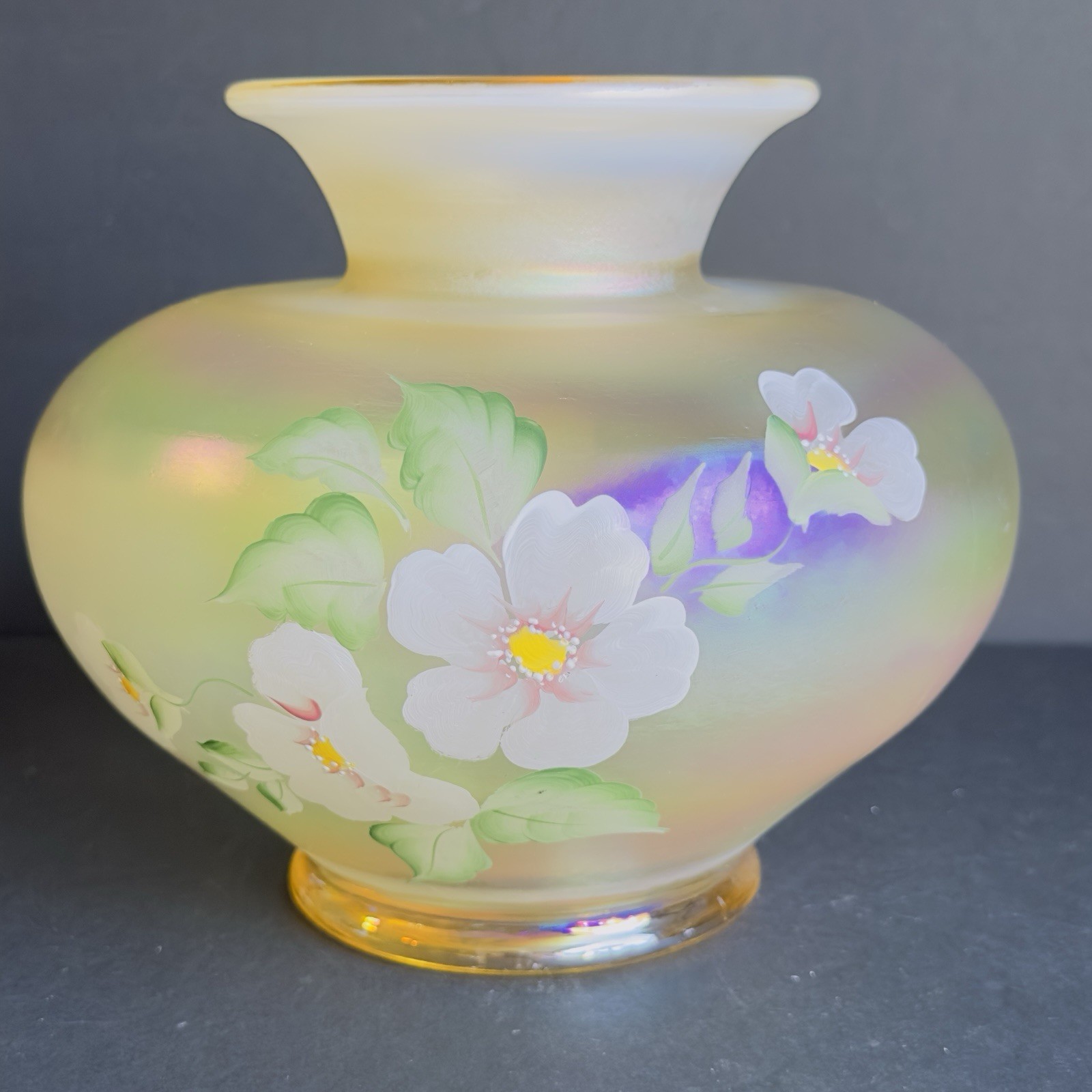 Fenton VTG Frosted Glass Satin 6.5″ Vase Iridescent H. P. Flowers 24″ Circumfer