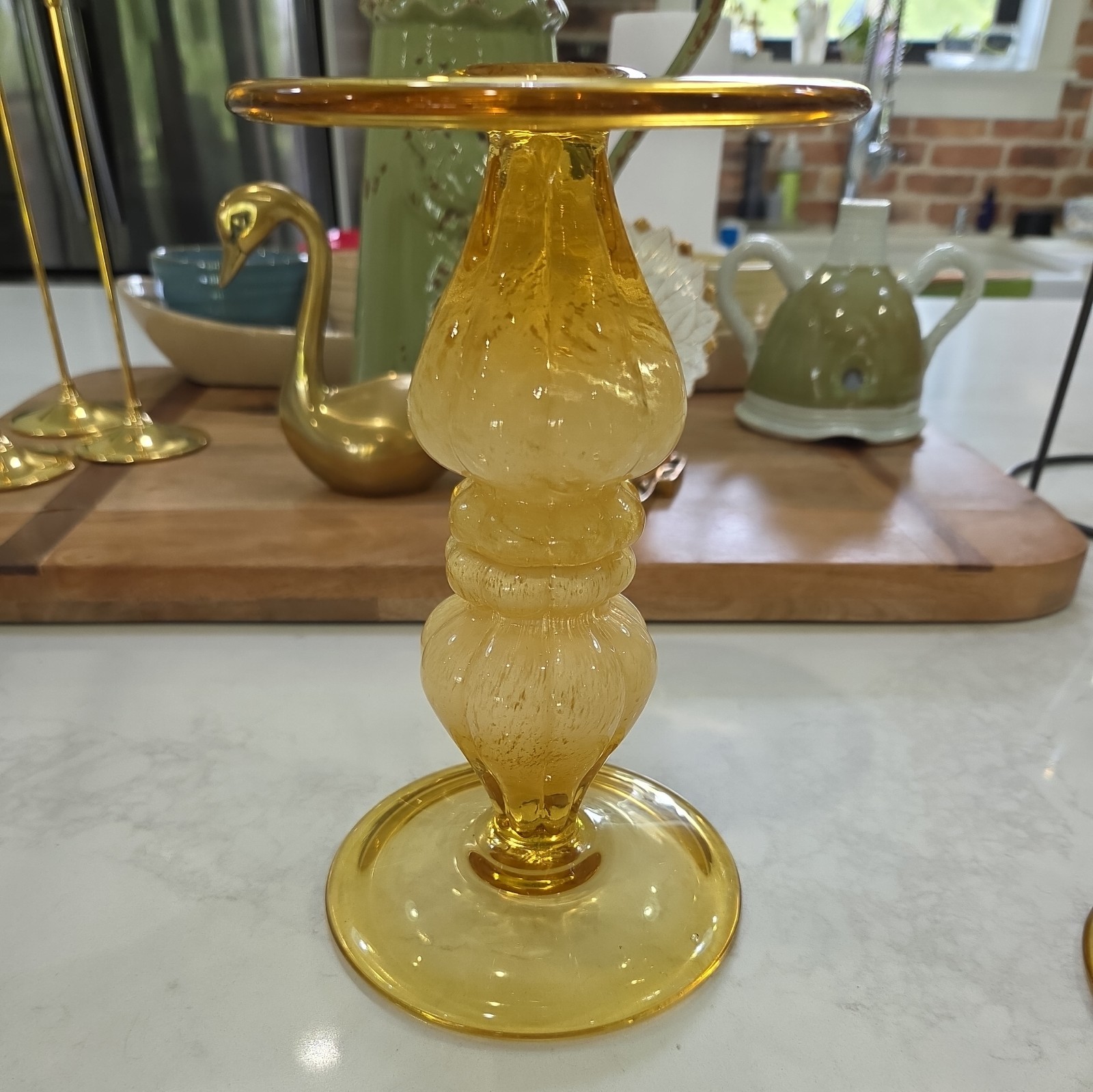 Vintage Set of Italian Venetian Murano Hand Blown Yellow Glass Candlesticks Read