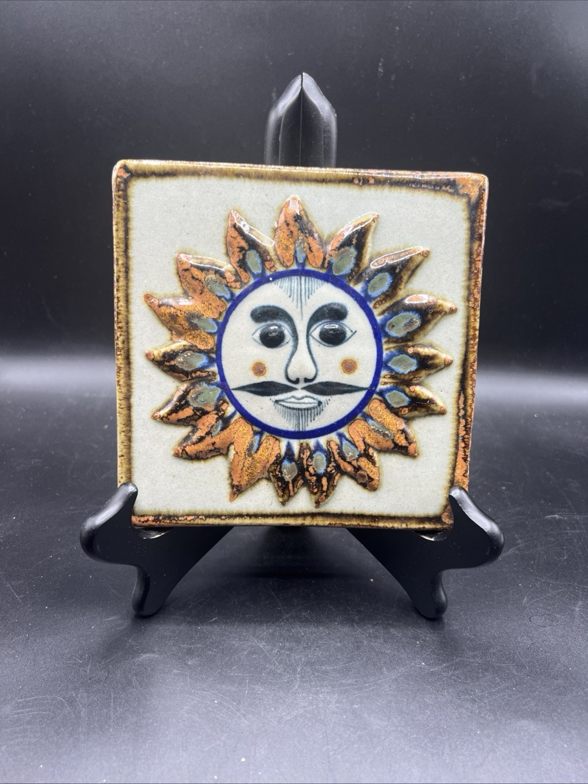 VTG Mexican Art Pottery Tile Sun Face Blue/Brown 6”X6” Mustache Folk Handmade