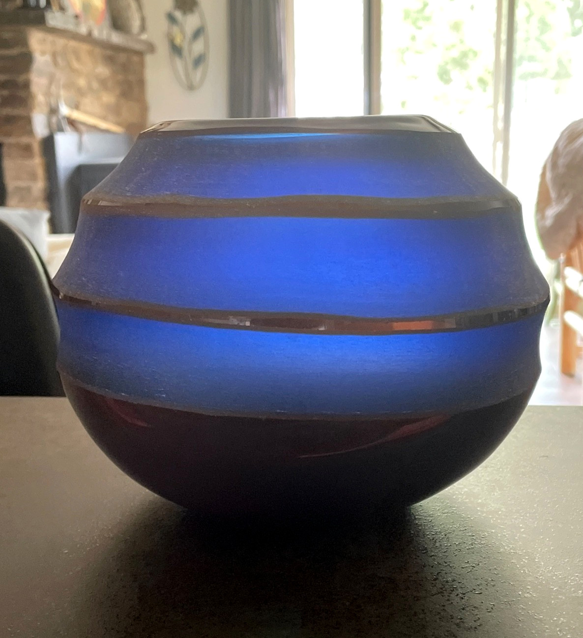 VTG Studio Art Glass Beehive Vase Blue Amber Sandblasted Etched 6.25×8″ ~ 5.75LB