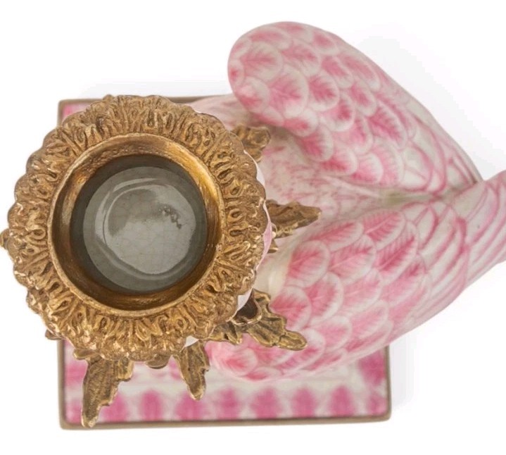 Antique Style Pink Parrot Porcelain & Bronze Candlesticks-Candle Holders Pair