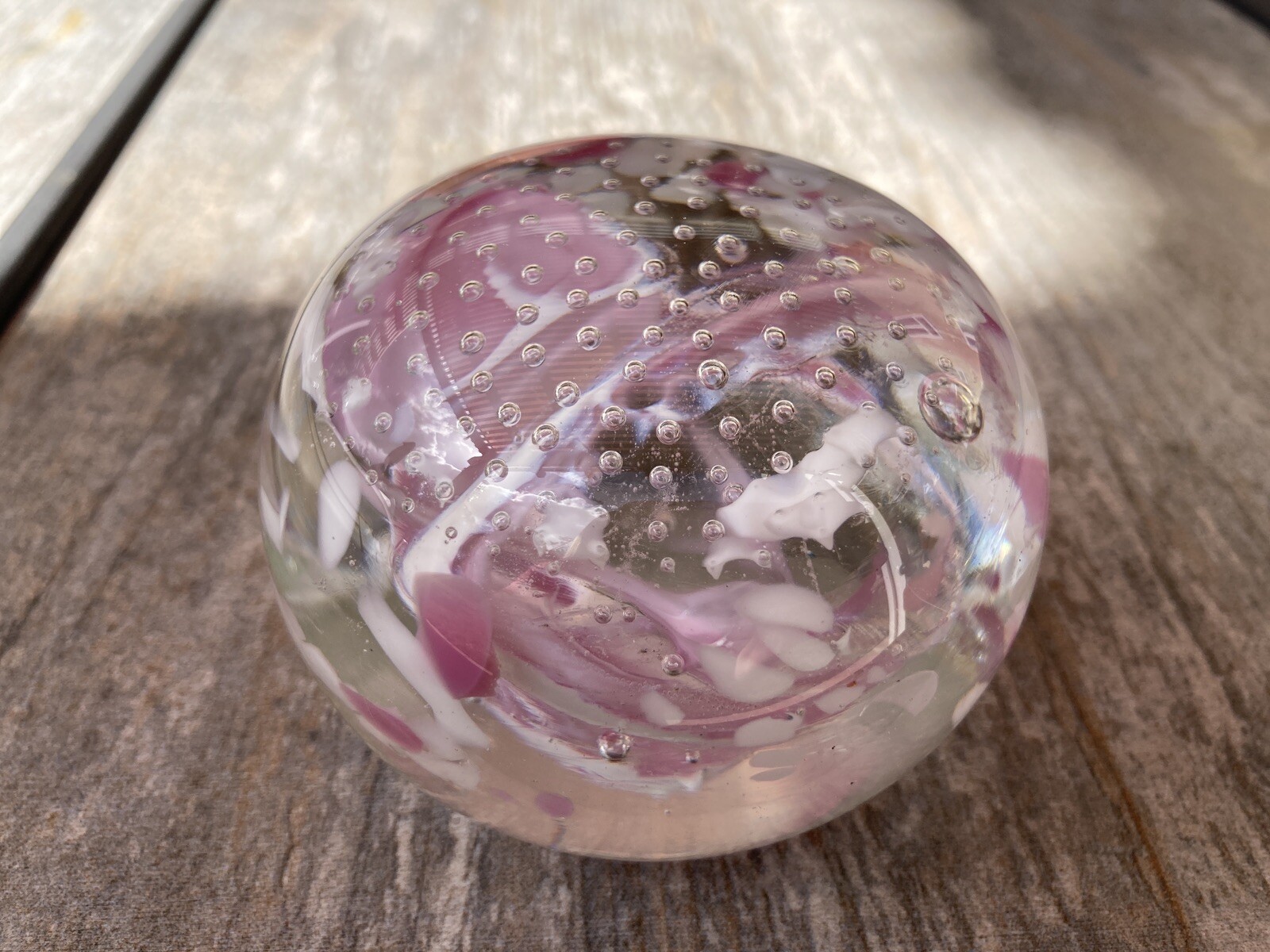 Vintage Clear Glass Paperweight Pink White Swirls Controlled Bubbles Signed Sam