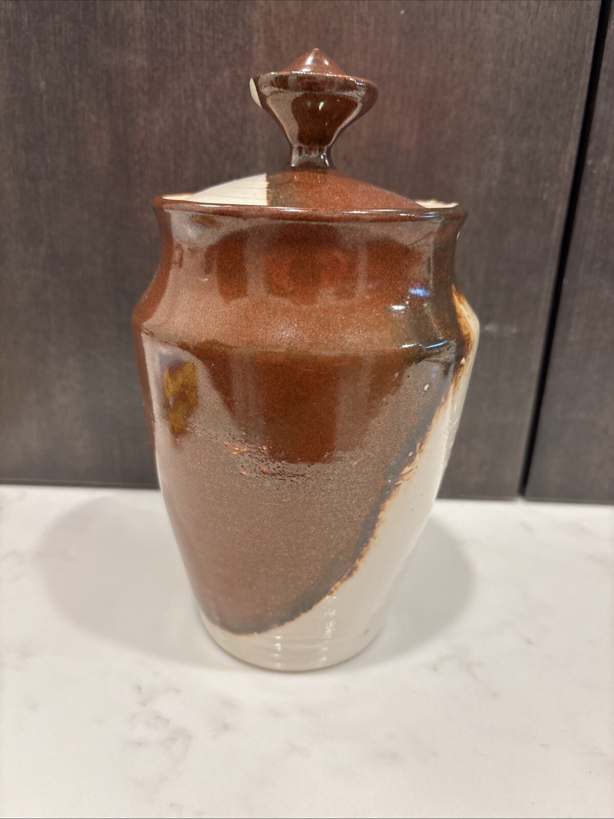 Brown & cream Studio Art Pottery Vase With Lid Signed By Fagan