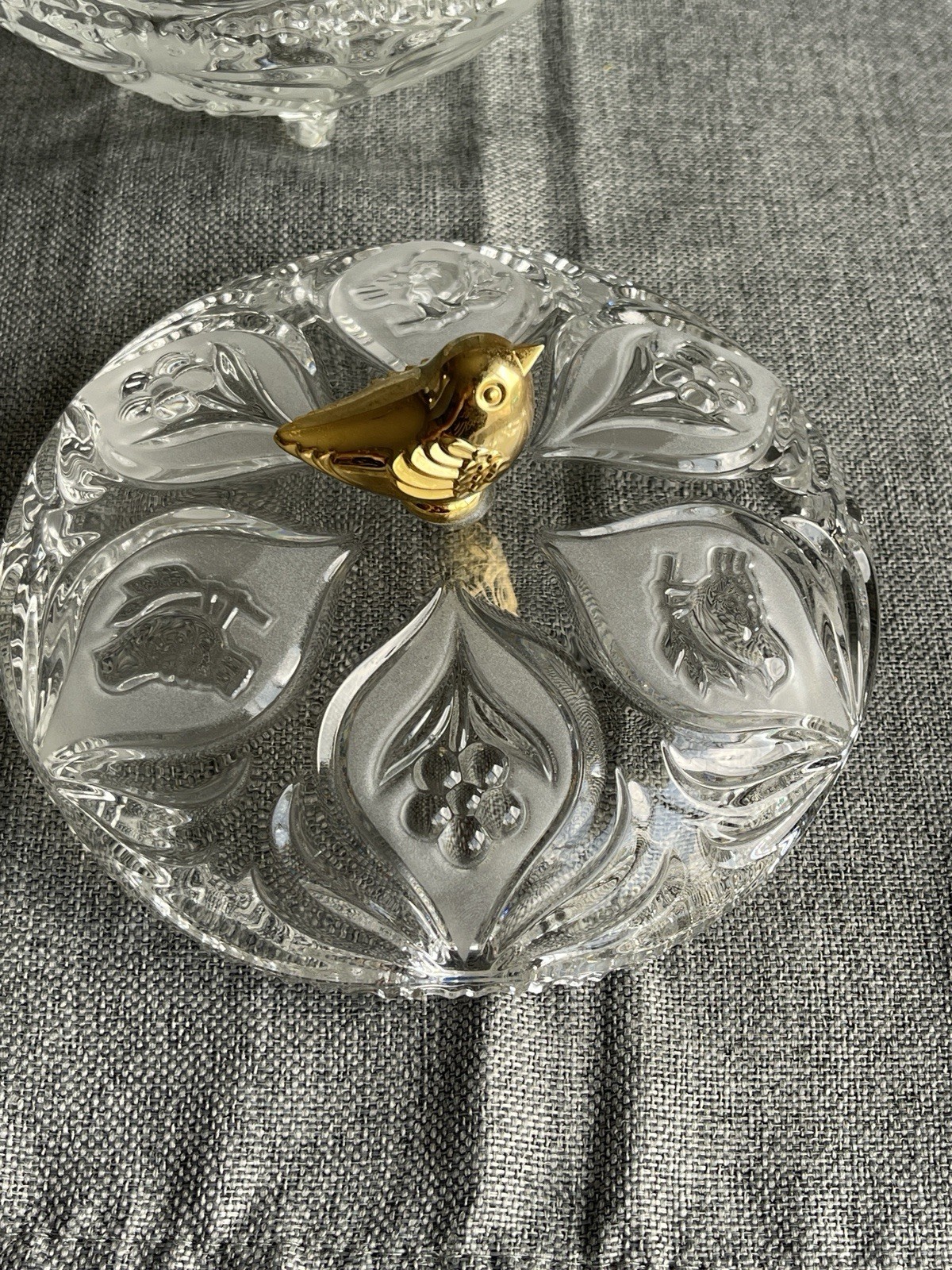 Gold Bird Garden Glass Covered Candy Dish Flowers Birds Molded 3 Leg Wave Edge