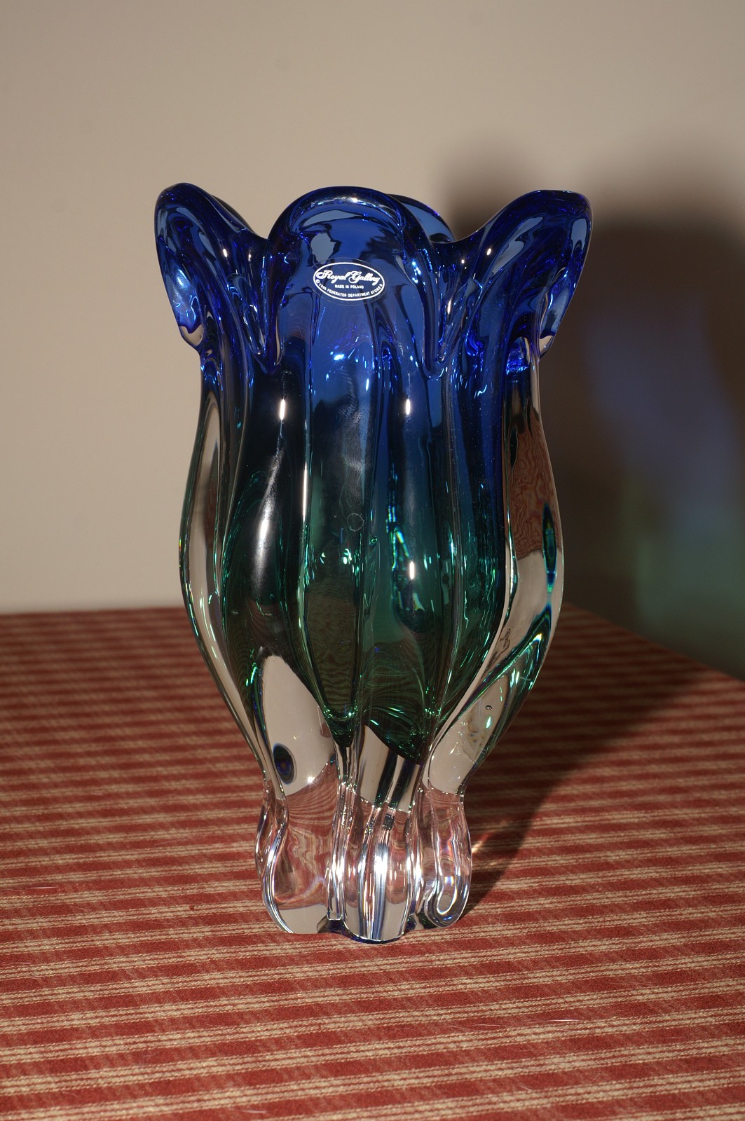 Royal Gallery Poland Blue and Green Tulip Shape Crystal Glass Vase Excellent