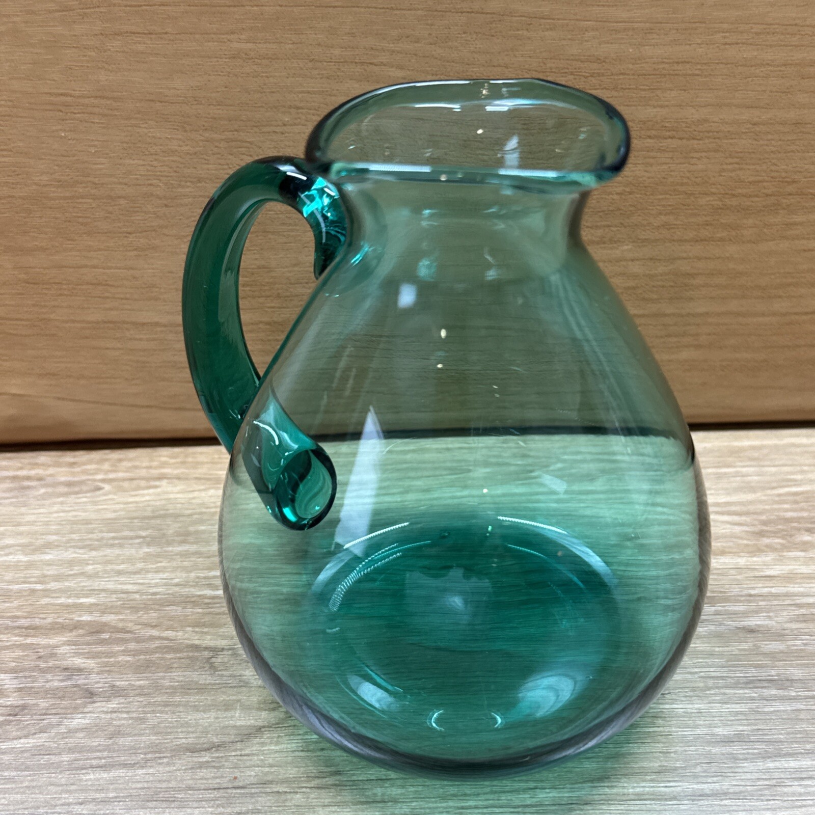 Teal green hand blown glass pitcher 5″ – See Photos For Details
