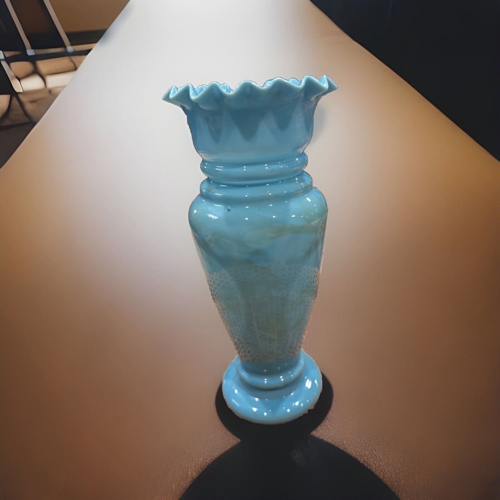 Vtg Hand Blown Robins Egg Blue Bristol Glass Vase Hand Painted Floral 9.75 In