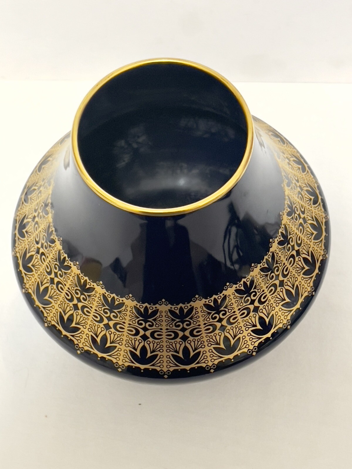 Bavarian Ceramic Vase Blue/Black Gold Band and Rim 6″h x 5.5″w. Rim 2 7/8″w