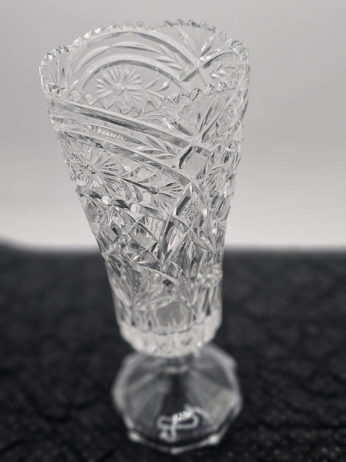 Antique 11.5″ ABP Hand-Cut Lead Crystal Trumpet Vase • Faceted Ball Stem • Hobst