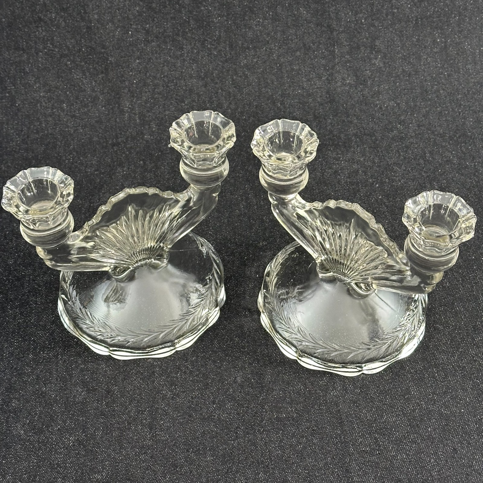Jeannette Sunburst Herringbone Double Candlesticks 5 3/8″ Pair