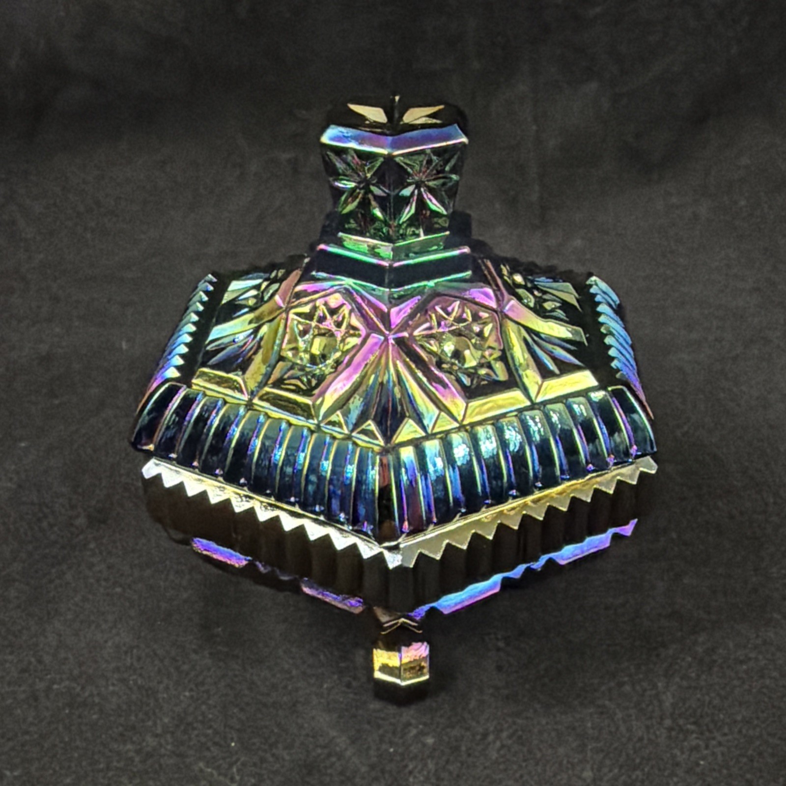 Imperial Lace #536 Amethyst Carnival Glass Footed Lidded Trinket Box Dish