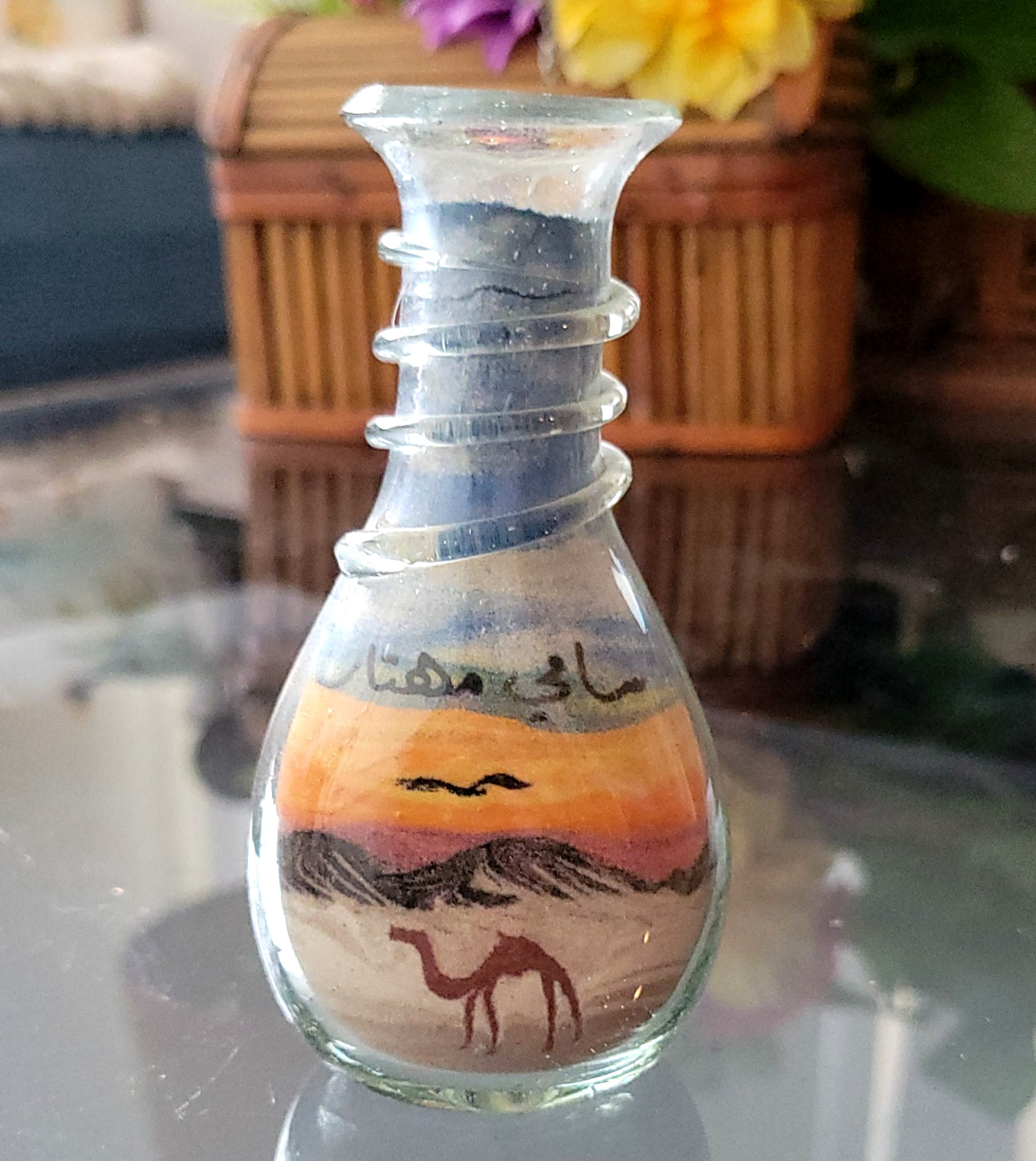 Sand Art Swirl Glass Bottle Camel Dunes Desert Landscape Arabic Writing