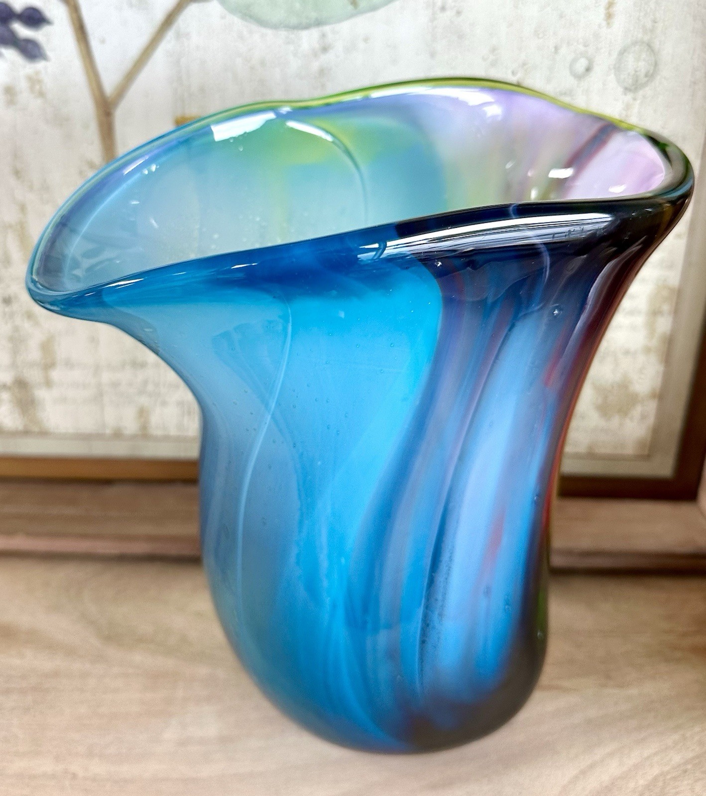 Hand-Blown Art Glass Vase, stunning multi-colored, free-form design