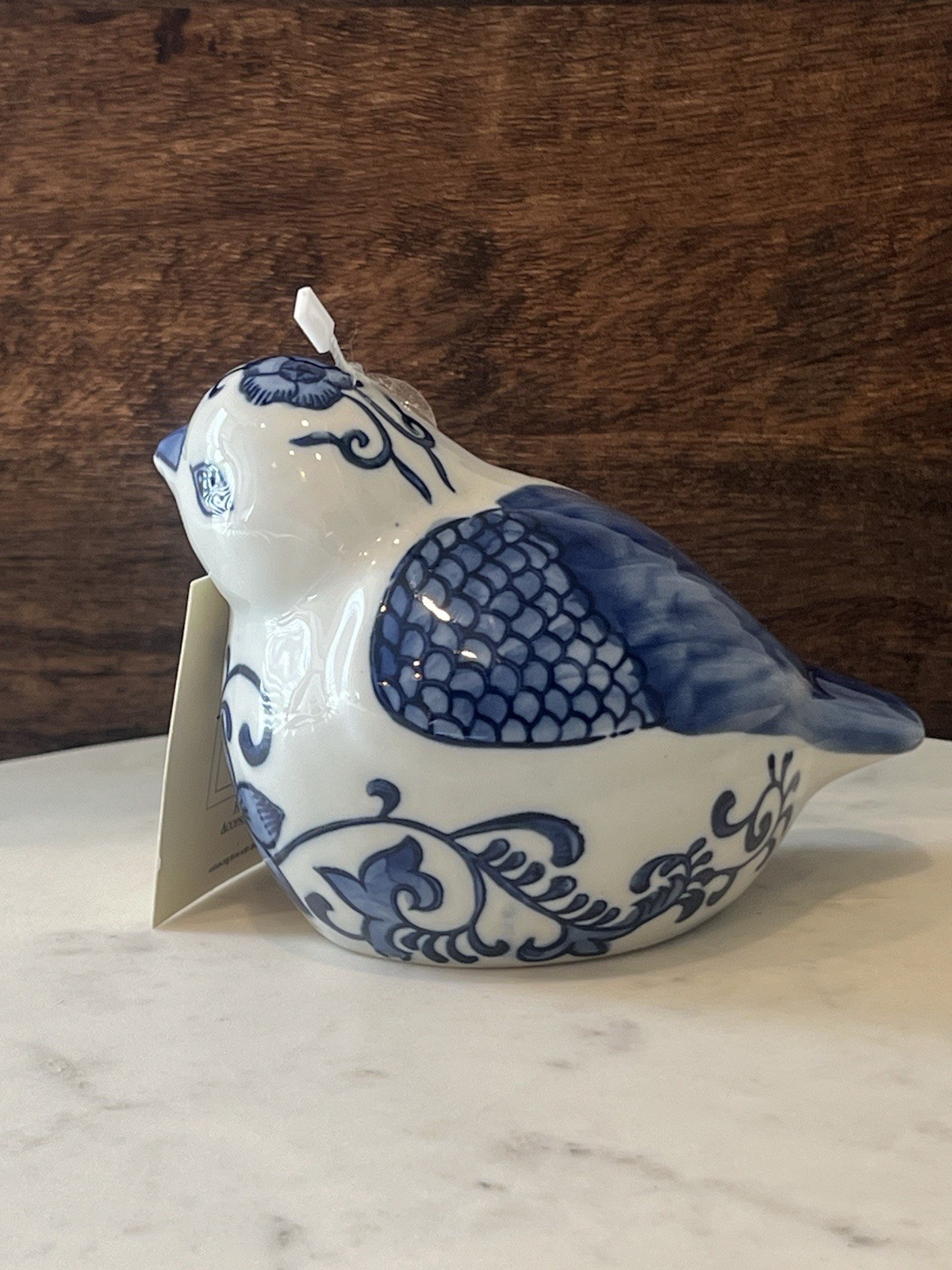 Blue And White Floral Chinoserie Delft Hand Painted Bird Ceramic Decor Figurine